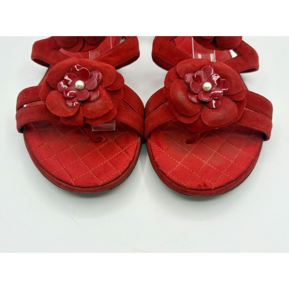 Chanel Red Suede Sandals w/ Camelia Flower Accents Pearls T Strap Size EU 37 - Picture 6 of 13